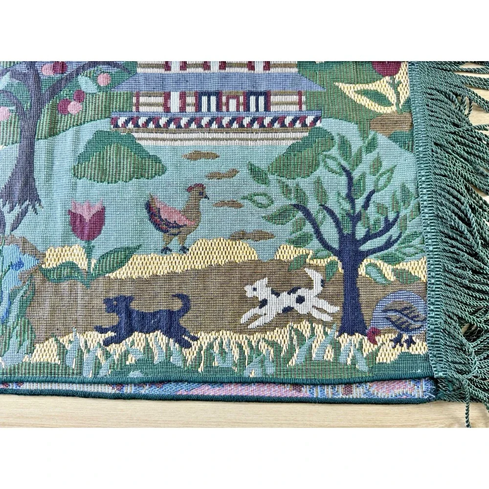 Green Tapestry Table Runner Fringed Tasseled Farm Life Animals Country 3 Pc